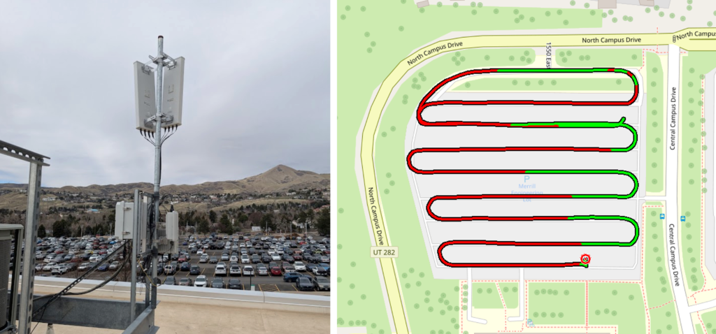 A mounted cellular radio on the POWDER wireless testbed is shown on the left. On the right is a driving map illustrating network connectivity.