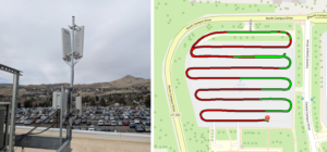 A mounted cellular radio on the POWDER wireless testbed is shown on the left. On the right is a driving map illustrating network connectivity.